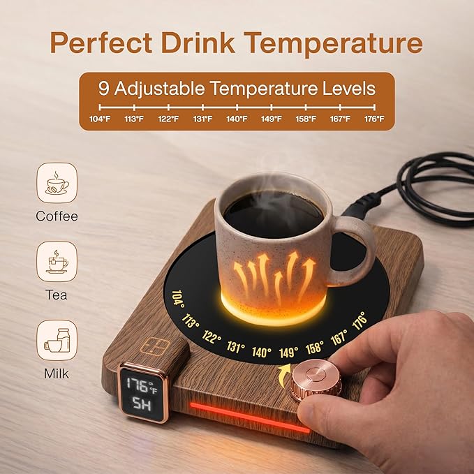 Coffee Mug Warmer for Desk, 40W Electric Cup Warmer with Digital Display, 9 Temp Settings, 1–12H Timer & Auto On/Off, LED Display Candle & Beverage Warmer Plate.