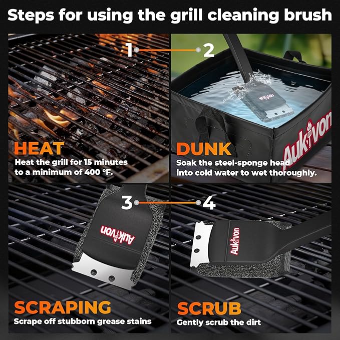 2PCS Upgraded Grill Brush for Outdoor Grill with Water Dunk Basin, Bristle Free, Steel Fiber Grill Brush for Cast Iron/Porcelain/Charcoal/Stainless Steel Grates, Gift for Men/Dad