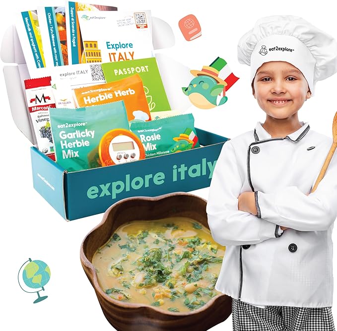 eat2explore Cooking Kits for Kids 14 Pcs – Interactive & Educational Kids Cooking Sets Real for Ages 5 and Up,3 Recipe Cards & Global Ingredients – Perfect for Families and Homeschooling Italy Edition