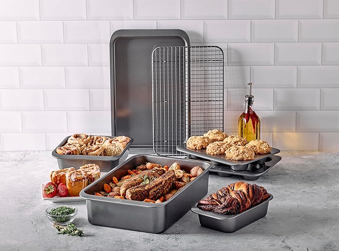 Chicago Metallic 7-Piece Nesting Bakeware Set - Carbon Steel Nonstick Baking Sheet, Loaf Pan, Muffin Pan, Cake Pan, Roaster and Cooling Rack - Space-Saving Kitchen Essentials