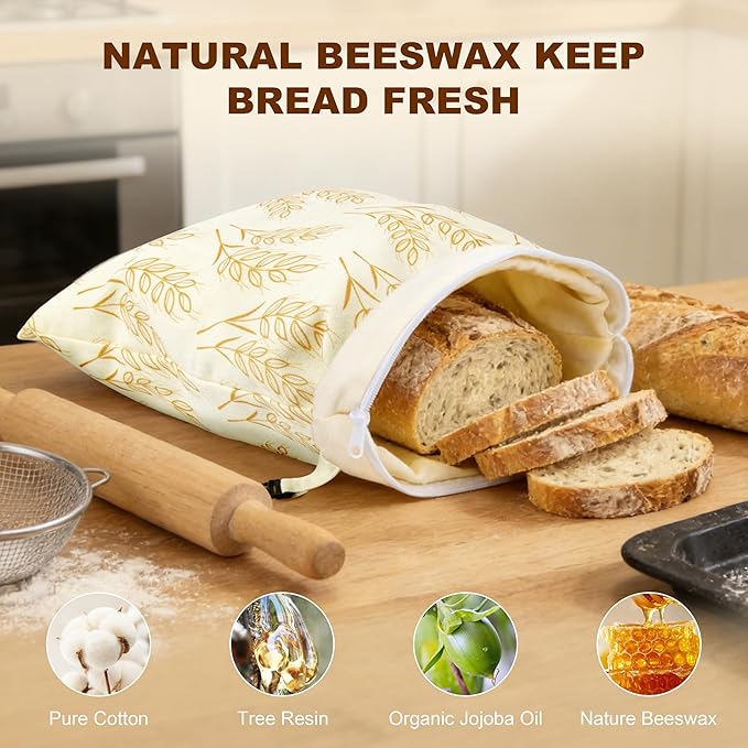 BuyCard Reusable Beeswax Food Storage Bags, Natural Cotton with Wheat Pattern, Large Size Zipper Bags for Homemade Bread Storage, 2 Pack