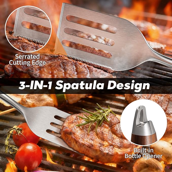 ENLOY Heavy-Duty Barbecue Grilling Tools Set, Outdoor Grill Accessories with Spatula, Fork & Tongs, Extended Rosewood Handle & Food-Grade Stainless Steel for Barbecue & Grill, 3Pcs BBQ Tools for Men