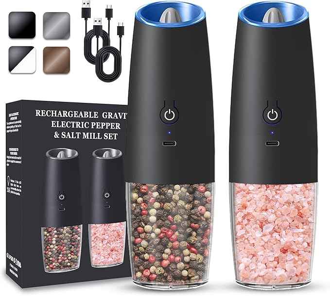 Rechargeable Electric Salt and Pepper Grinder set of 2, gravity electric salt and pepper grinder set, Adjustable Roughness, LED Light, 2 Pack, (Black)