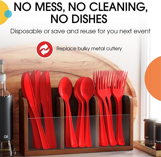 Party Solids Red Plastic Silverware Heavy Duty 300 Pieces Red Plastic Cutlery Sets, Utensil Sets, 100 Of Each Forks, Knives & Spoons Disposable Cutlery Set, Flatware Set For Party Supplies
