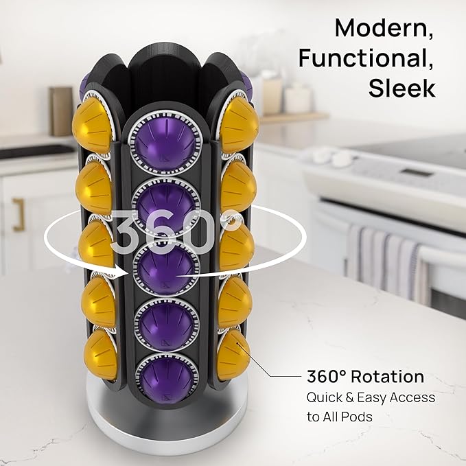Ibyx 30-Capsule Nespresso Pod Holder – 360° Rotating Coffee Storage Stand – Compatible with Nespresso Vertuo – No Assembly, Black Wood Design