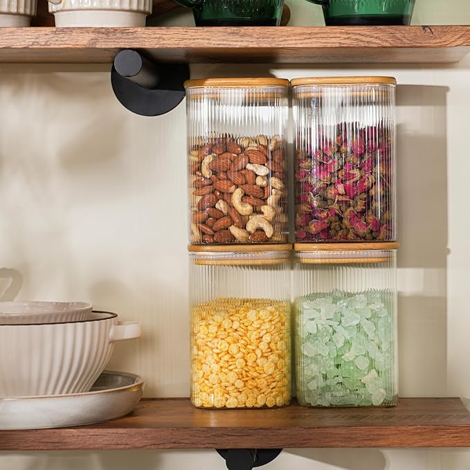 37oz Airtight Glass Square Storage Canisters with Bamboo Lids Set of 6 (1100ml) Striped Stackable Containers, Kitchen Jars for Pantry Noodles, Flour and Coffee beans (‎with Black Lable)