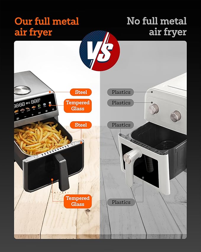 Air Fryer 6 Qt, All Metal Air Fryer, Stainless Steel Housing& Full Metal Inner Pot, PTFE and PFAS Free, 9 Digital One-Touch Cook Functions,120°F~450°F, 1700W