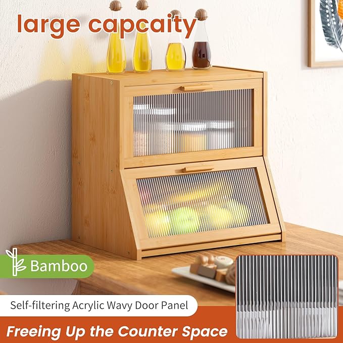 GHWIE Double Layer Bamboo Bread Box for Kitchen Counter,Large Capacity Bread Storage Bin,Bread Container with Acrylic Wavy Door Panel (Natural, Extra Large)
