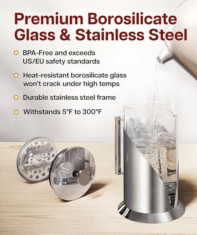 Cafe Du Chateau Stainless Steel French Press Coffee Maker 34 oz – Insulated Coffee Press with 4-Level Filtration, Manual Brewer for Tea, Camping & Travel, BPA-Free Glass (Pack of 2)