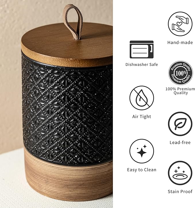 Miamolo Ceramic Jars with Lid, Small Coffee Canister with Lid, Kitchen Food Storage Jars for Sugar Loose Leaf Tea Candy, Decorative Jar for Countertop, Pantry, Coffee Bar Accessories Black & 20 fl.oz