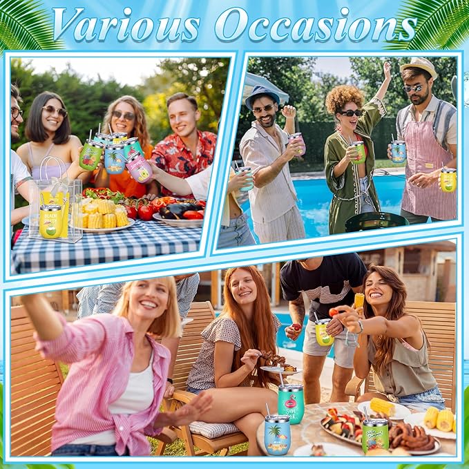 Patelai 36 Pcs Summer Theme Gift Set for Men Women 12oz Stainless Steel Coffee Mug Colorful Cups with Lid and Straw Pens Card Bags Set for College Graduates Party Supplies