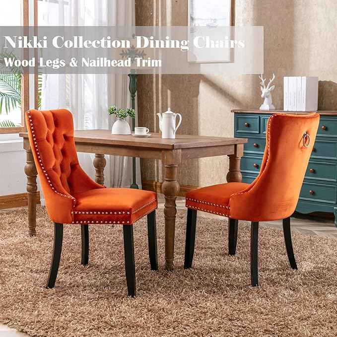 Velvet Dining Chairs Set of 2, Upholstered Dining Room Chairs with Back Ring Pull Trim and Solid Wood Legs,Tufted Wingback Kitchen Chair Perfect for Dining Room,Living Room,Kitchen(Orange)