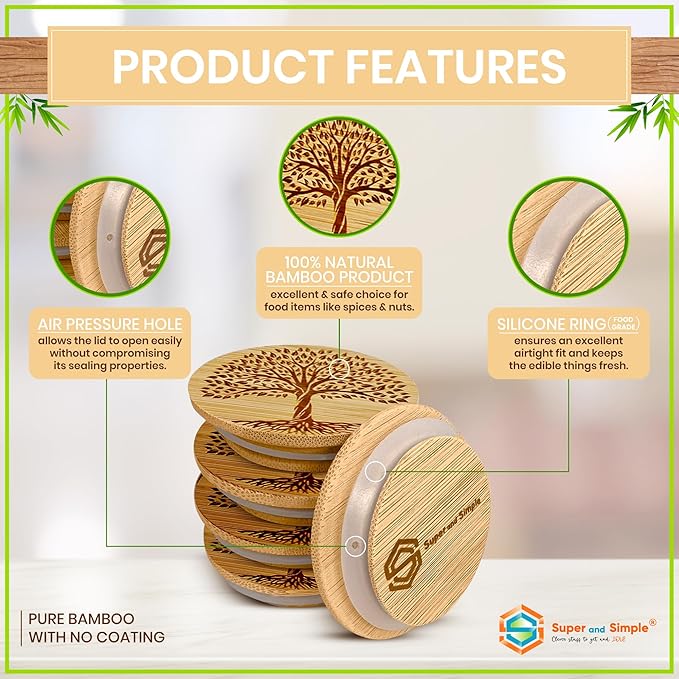 Oui Yogurt Jar Lids Bamboo Tree of Life – 24-Pack Bamboo Lids for Oui Jars with Silicone Seal – Airtight Oui Jar Covers for Yogurt Glass Jars – Labels & Cotton Storage Bag Included