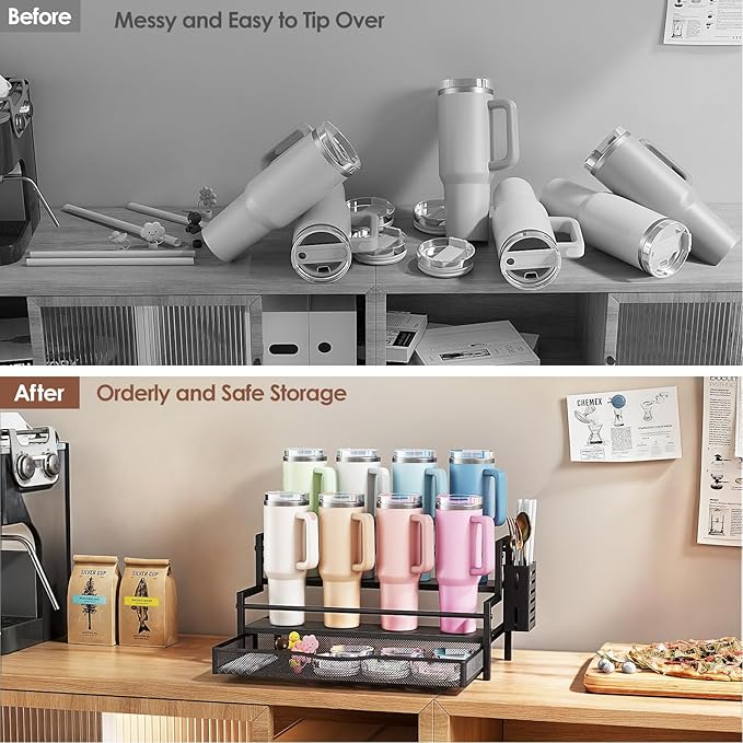 Water Bottle Organizer for Full Stanley 40 oz Tumbler with Handle, 2 Tier Tumbler Organizer for 8 Cups, Kitchen Pantry Organizers and Storage for Owala Stanley Cup Accessories, Black