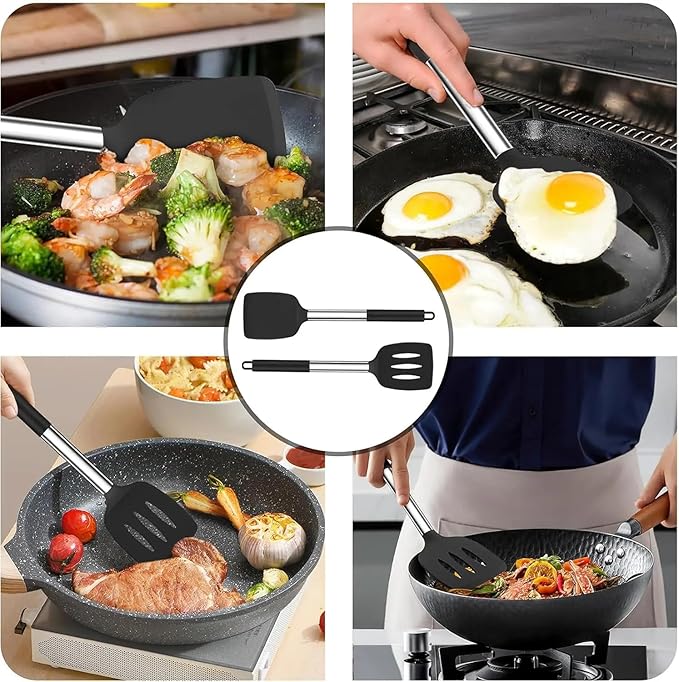 Silicone Kitchen Utensils Set, 4-Piece Non-Stick Cooking Tools, Large Spatulas with Pasta Fork and Ladle, Black