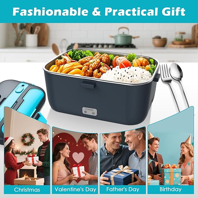COZYEXPERT Electric-Lunch-Box-Heated-Food-Warmer 100W Heating Lunchbox for Adults 1.8L Portable Food Heater for Work/Car, 12V/24V/110-230V Lonchera Eléctrica Portátil with Fork Spoon (Gray+Blue)