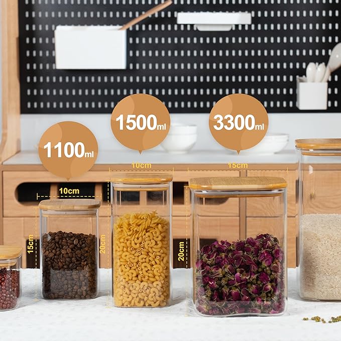 D2scrma 52oz Airtight Glass Square Storage Canister with Bamboo Lid Set of 3 (1550ml) Container Stackable Spice Jar, Kitchen Canister for Flour, Cookies, Cereal and Coffee beans (‎with Black Lable)