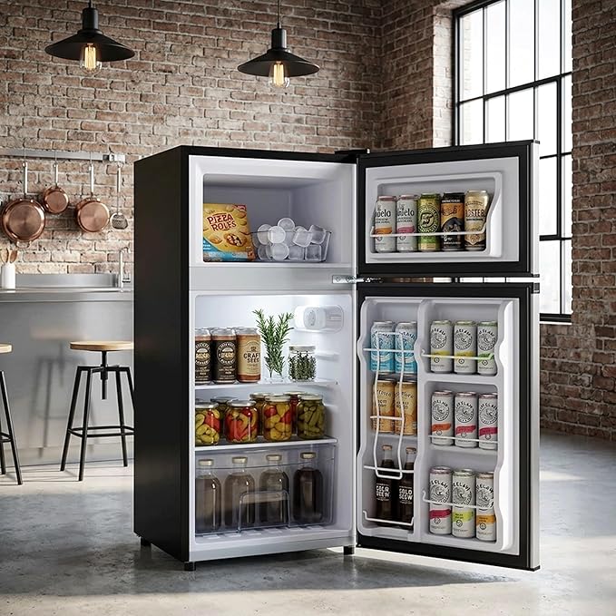 3.2 Cu.Ft Mini Fridge with Freezer, 2 Door Small Refrigerator with Adjustable Thermostat Energy-efficient Low Noise, Compact Fridge for Bedroom, Office, Dorm, Silver