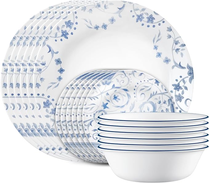 Corelle Vitrelle 18-Piece Service for 6 Dinnerware Set, Triple Layer Glass and Chip Resistant, Lightweight Round Plates and Bowls Set, Darlington