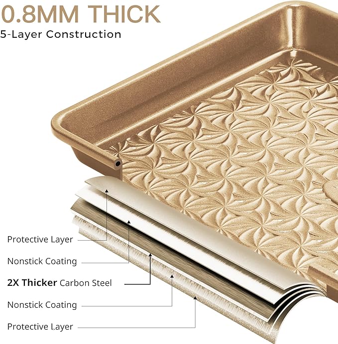 HONGBAKE Nonstick Baking Sheet Pan Set of 3, Cookie Sheets for Oven, Non-Toxic Half/Quarter/Jelly Roll Pans with Floral Swirl Texture, Heavy Duty 0.8mm Thick Oven Trays for Cooking, Antique Gold
