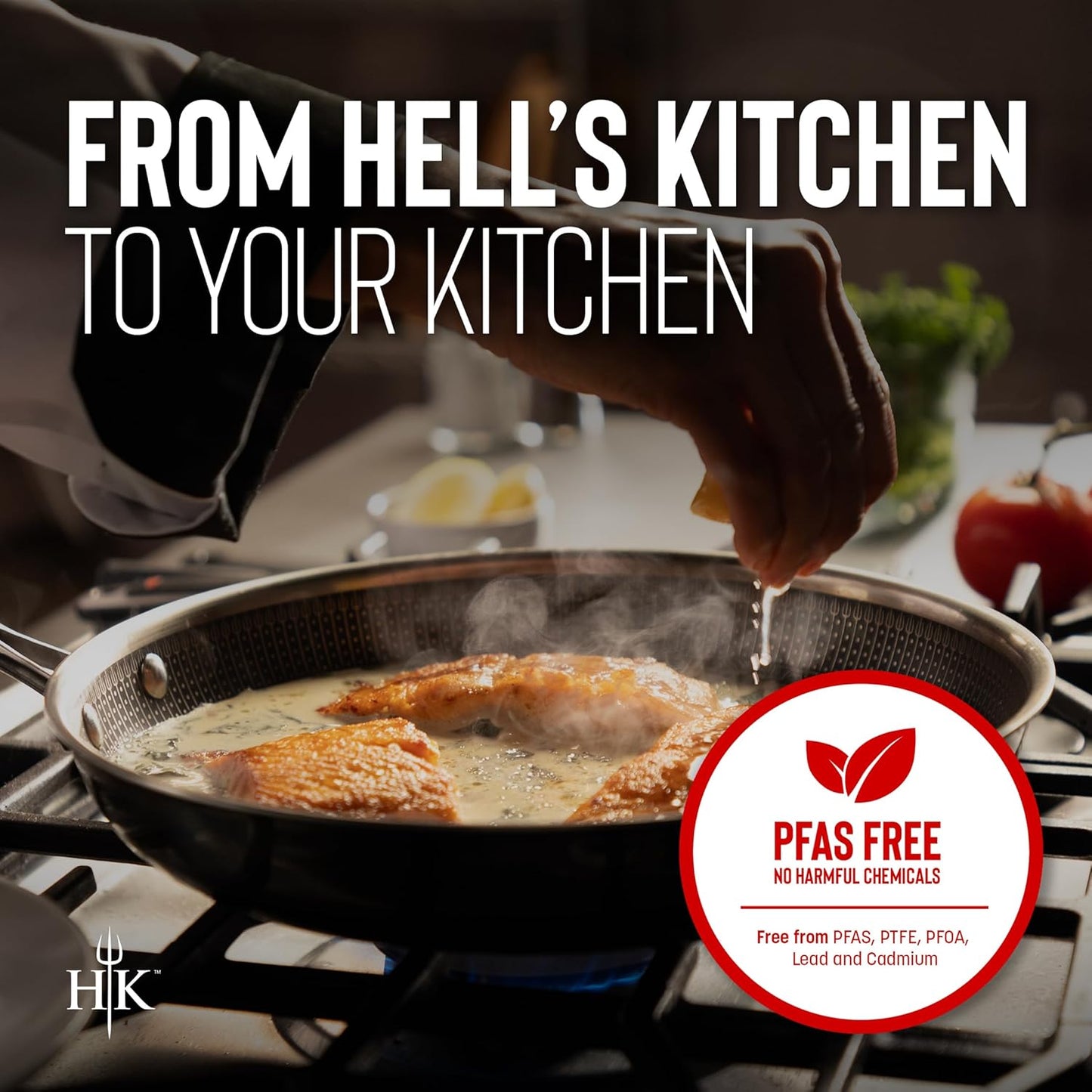 Hell's Kitchen Hybrid Fry Pan, Tri-Clad Stainless and Nonstick Ceramic PFAS Free, no PFOA, no PTFE, no Teflon, Non Toxic Cookware, Metal Utensil Safe, All Cooktops, Oven Safe (6 Piece Set with Lids)