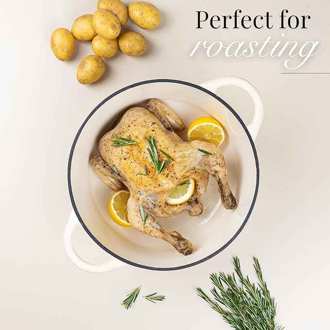 Nuovva Enamelled Cast Iron Dutch Oven Pot with Lid 7.3 Quart Non Stick Casserole Pot – Heavy Duty & Oven Safe up to 500° F for Bread Baking, Braising, Stews, Roasting – 30cm Cream