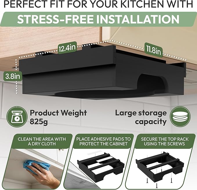 10 inch Paper Plate Dispenser Holder Bamboo Under Cabinet Vertical Rack for Kitchen Countertop Organizer Space Saver Shelf Lid Holder Counter Storage Can Dispenser Pantry Aid Caddy Estante (Black)