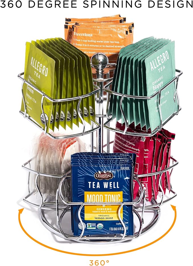 Sorbus Tea Bag Spinning Carousel - Tea Caddy Organizer for Countertop - Matcha Station Accessories - 2 Tier Revolving Storage for Pantry - Holds Up to 60 Large Tea Bags