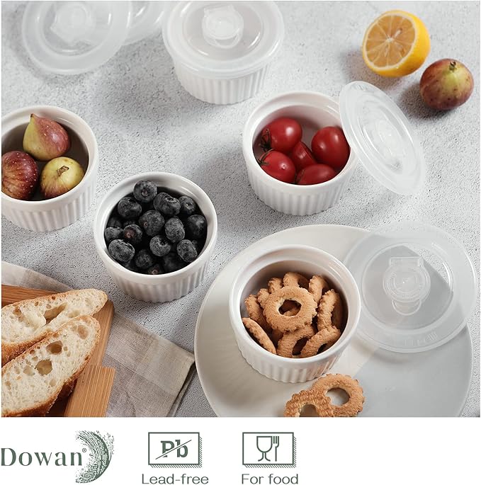 DOWAN Ramekins with Lids 6 oz Oven Safe, Creme brulee Souffle Dishes Ramekin with Covers, Porcelain Bowls for Baking Custard Cups, Set of 6, White