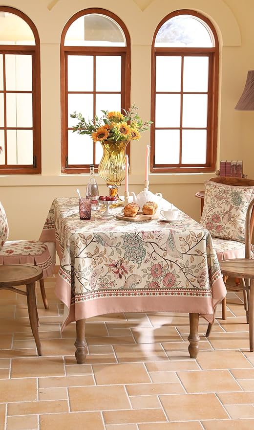 patdrea Designer Pink Linen Table Cloth for Rectangle Table,Vintage Floral with Birds Pattern Decorative Tablcloth,French Table Cover for Kitchen Dining,Thanksgiving,Christmas,55"x87"-Kulom a
