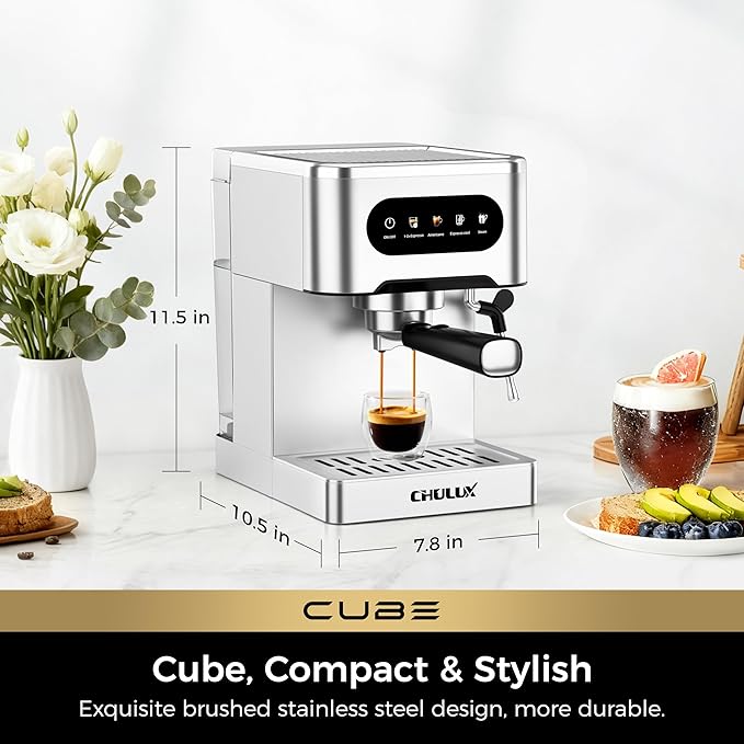 CHULUX Cube Espresso Machine with Milk Frother Steam Wand, 20 Bar Professional Italian Pump Semi Automatic Espresso Coffee Machine for Home Cappuccino & Latte Maker