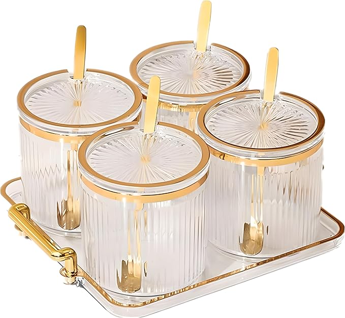 Acrylic Condiment Spice Jars,Condiment Spice Box With Lids and Spoons and Tray,Clear Plastic Sugar Salt Canisters,Seasoning Box 4 Pack,Seasoning Box Set for Kitchen to Storage Salt,Paprika,Sugar