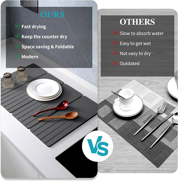 Extral Large Quick Dry Stone Drying Mat for Kitchen Counter,24x16 Inch Collapsible Eco-Friendly Absorbent Diatomaceous Earth Mat for Dishes Cups (Deep Gray-Upgraded Version, 24x16 inch)
