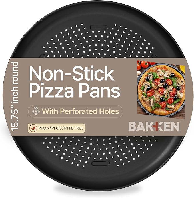 Bakken 16 Inch Non-Stick Pizza Pan 1 Pack, Round Carbon Steel Pizza Tray with Perforated Holes, PFOA, PFOS, & PTFE-Free, Dishwasher & Oven Safe Up To 450°F, Durable Nonstick Coating, Black