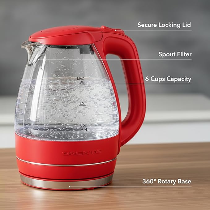 OVENTE Electric Kettle, 1.5L Borosilicate Glass Countertop Water Heater and Boiler for Coffee or Tea, BPA-Free, Auto Shut-Off, Boil-Dry Protection, Removable and Washable Spout Filter, Red KG83R