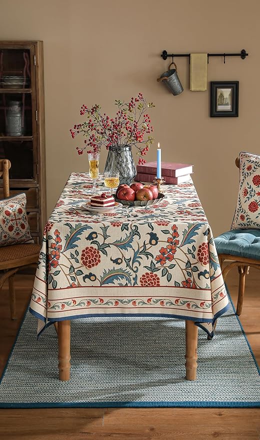 patdrea Designer Vintage Linen Extra Long Tablecloth for Rectangle Table,French Soft Floral Tablecloths,Colorful Table Cover for Kitchen Dining,Parties,Christmas,Thanksgiving,Party,63"x110"-Puno