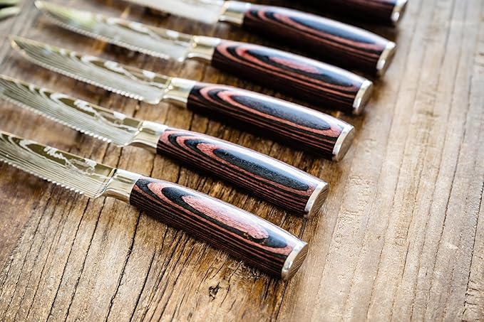 Majesty Series Professional Steak Knife Set with Damascus Pattern - Razor Sharp Serrated Stainless Steel with Wooden Handle (Set of 6 Steak Knives)