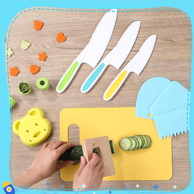 16PCS Montessori Kitchen Tools Cookware Baking Toy, Toddler Baking Set for Real Cooking includes 3 Serrated Edges Plastic Toddler Knives, Cutting Board, Y Peeler, Egg Beater, Toddler Food Picks