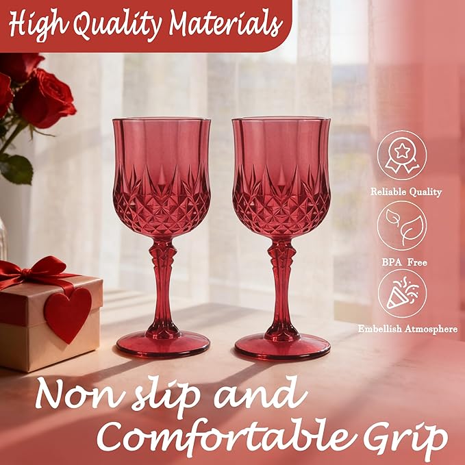 Plastic Wine Glasses, Plastic Goblets Vintage Style Cordial Unbreakable Drinking Glasses, Reusable Drinkware for Wedding Reception, Grand Event Party Supplies, Mother's Day (48, Burgundy)