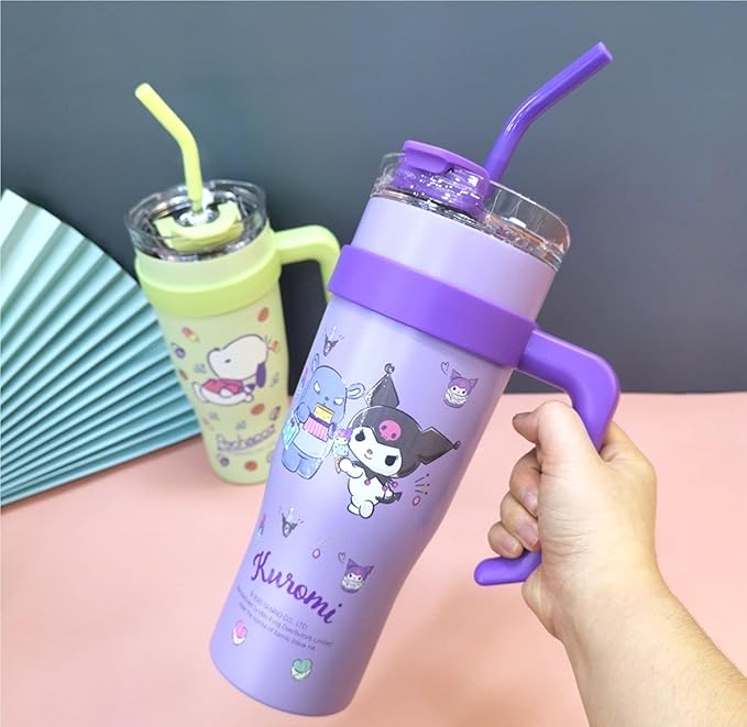 Kuromi Devil Stainless Steel Insulated Tumbler with Lid, Straw & Handle 1200ml - XL Size, Purple
