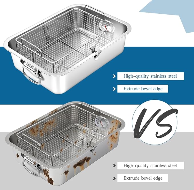 Teenyyou 10 Qt Stove Top Deep Fryer with Basket 304 Stainless Steel Deep Fryer Pan Chicken Frying Pot with Thermometer for Outdoor Kitchen Cooking French Fries Fish