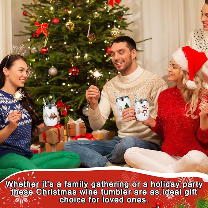 Sliner 16 Pcs Christmas Funny Wine Tumbler Spoon Set 12 Oz Stainless Steel Tumbler with Straw Brush Double Wall Insulated Travel Coffee Mug for Christmas Xmas Party Decorations Holiday Gift