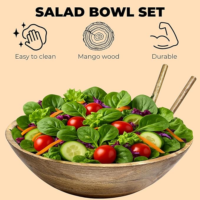 Large Wooden Salad Bowl 11.5 Inches with Serving Utensils, Wooden Fruit Bowl, Mango Wood Bowl Set for Serving, Large Wood Salad Bowl for Family Meals, Pasta, Popcorn, Handcrafted Wooden Serving Bowl