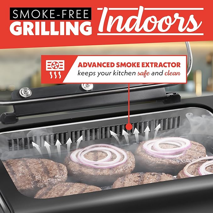 Gourmia Smokeless Indoor Grill - Air Fryer Combo with Smoke Extractor, 5 Cooking Presets, Grill, Air Fry, Roast, Bake, Dehydrate, Countertop Cooker, Glass Lid
