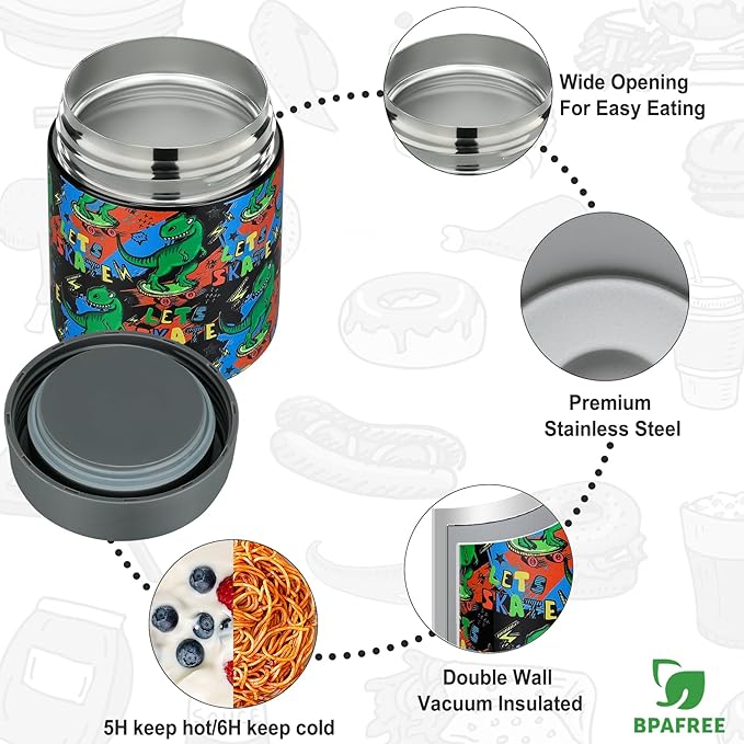 Itslife Bento Lunch Box Set for Kids with 12oz Soup Thermo&Lunch Bag, Leak-Proof Lunch Food Containers for Kids School, 5 Compartment, Sauce Cup, 10 Notes (Dinosaurs Black)