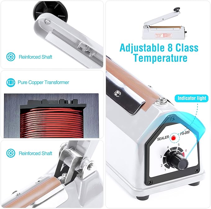 METRONIC Impulse Sealer 8 inch, Manual Heat Sealer Machine for Plastic Bags, Shrink Wrap Bag Sealers Heavy Duty Sealing Machine With Repair Kit (White)