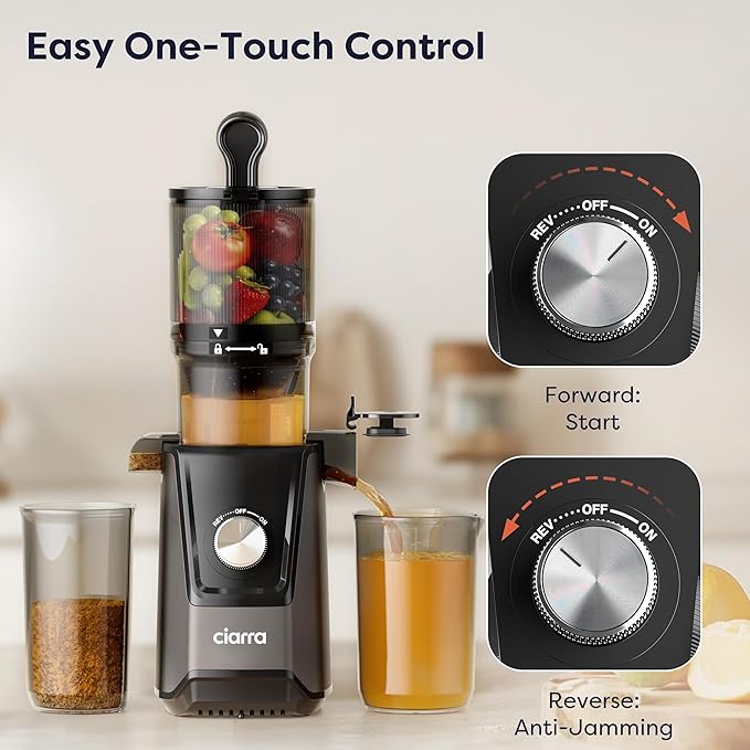 Ciarra Cold Press Juicer - 4.3” XL Feed Chute, Quiet Motor, 406Oz BPA-Free Juicer Machines, 99% Juice Yield Slow Masticating Juicer for Whole Fruits & Vegetables, Easy to Clean