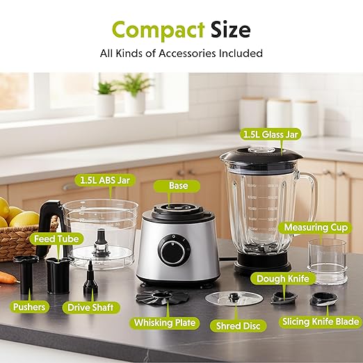 Simple Deluxe Food Processor Blender Combo, 300W Electric Food Processor for Slicing, Dough, Vegetables, 6 Cup Chopper for Meat and Puree, 2 Speeds Adjustable, Safety Lock with 1.5L Glass Jar, Black