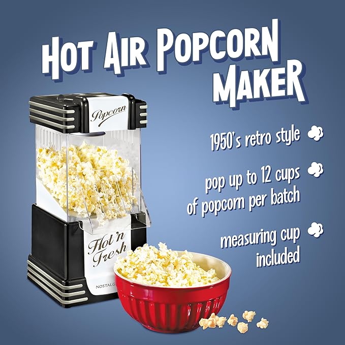 Nostalgia Retro Hot Air Popcorn Maker – 12 Cups Oil Free Popping – Countertop Machine with Measuring Cup – Healthy Snacks & Movie Nights – Black