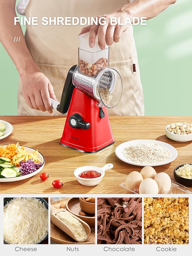Rotary Cheese Grater with Handle, Reemix Vegetable Cheese Shredder Slicer Grater for Kitchen 3 Changeable Blades for Cheese Potato Zucchini Nuts Chocolate (Red)